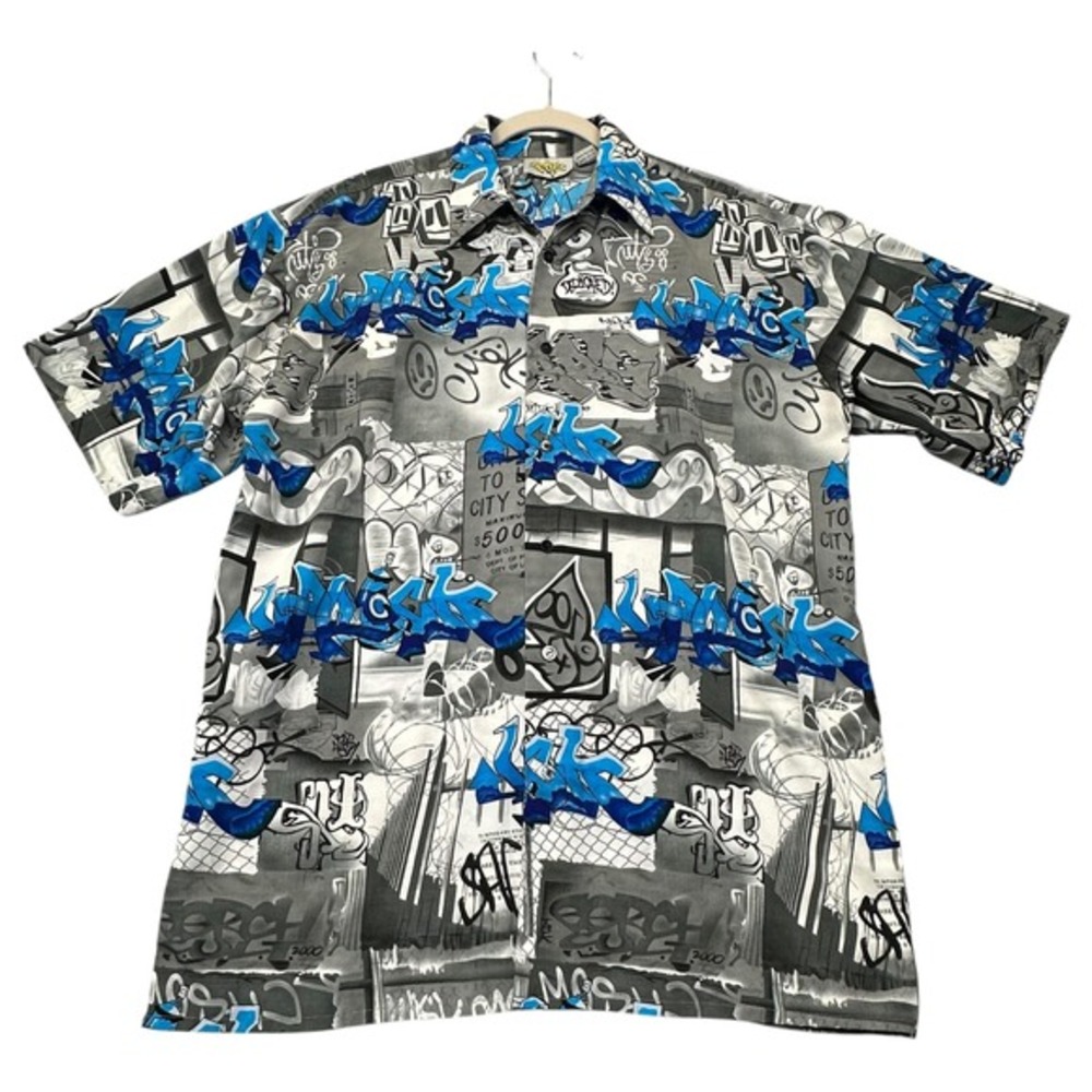 Up Rock Shirt Mens M Gray Blue Graffiti AOP Button Up Short Sleeve Baggy Y2K